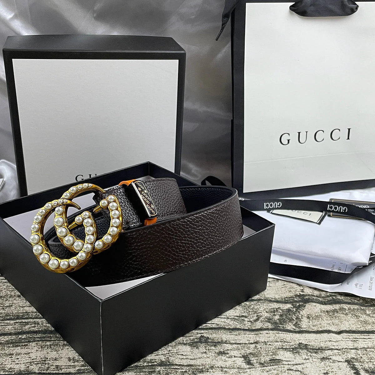 2025 4 Colors Double G Pearl Litchi Pattern Double Sided Belt