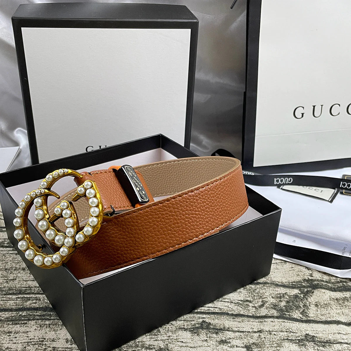 2025 4 Colors Double G Pearl Litchi Pattern Double Sided Belt