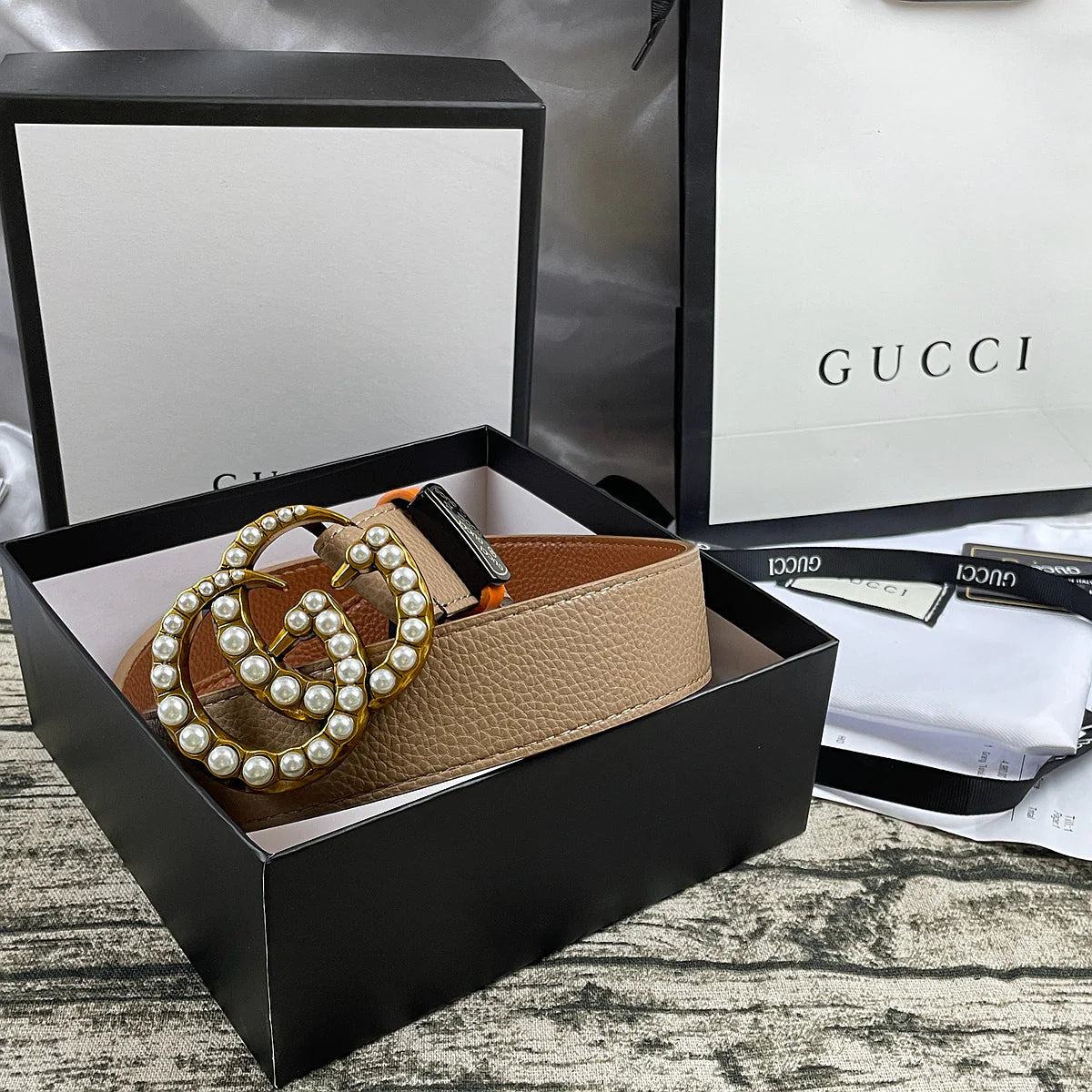 2025 4 Colors Double G Pearl Litchi Pattern Double Sided Belt