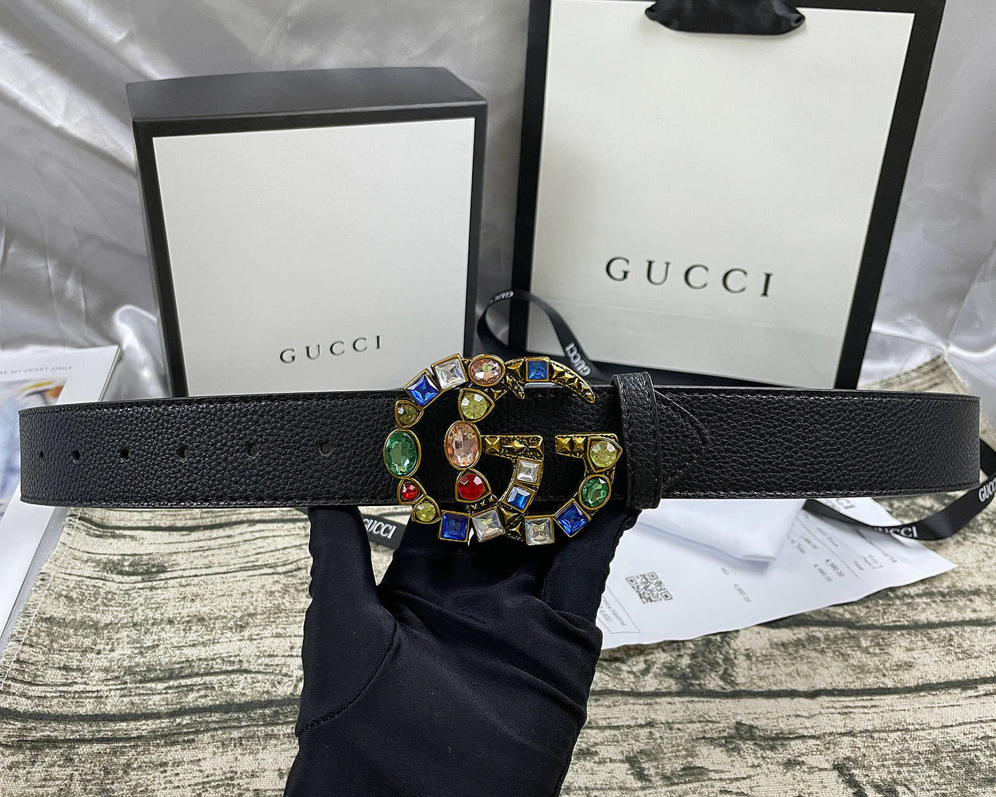 2025 4 Colors double G seven-color rhinestone double-sided lychee pattern belt