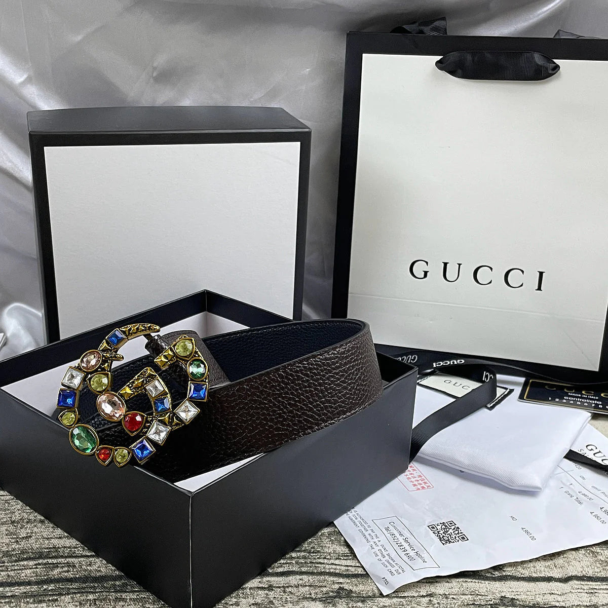 2025 4 Colors double G seven-color rhinestone double-sided lychee pattern belt