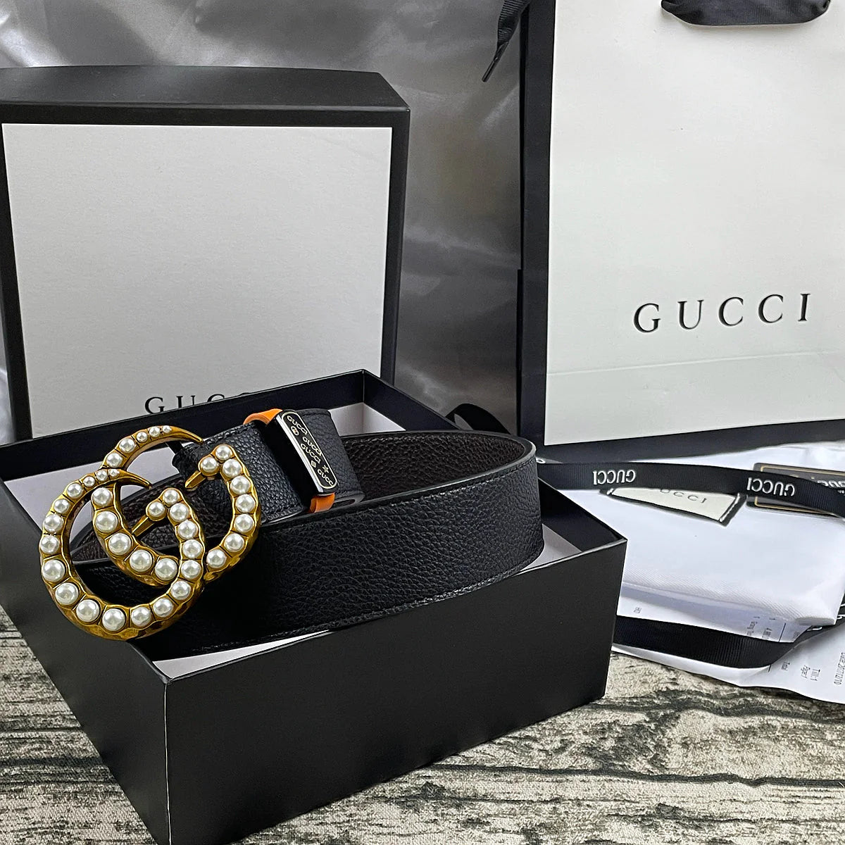 2025 4 Colors Double G Pearl Litchi Pattern Double Sided Belt