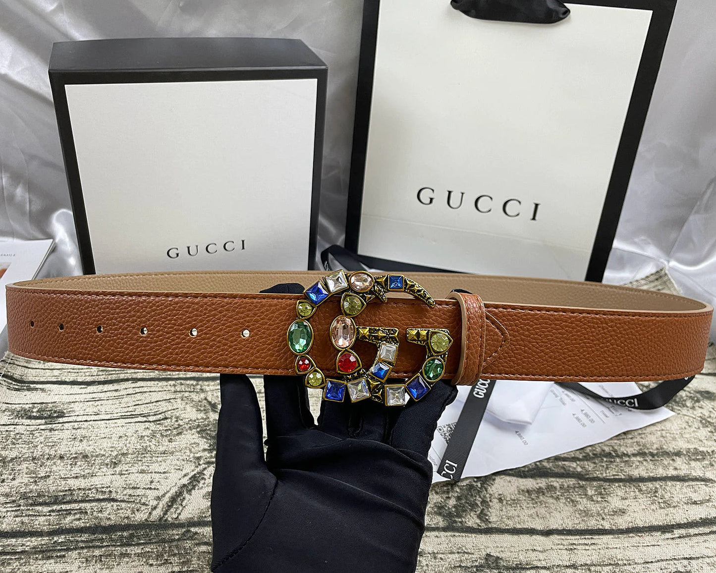 2025 4 Colors double G seven-color rhinestone double-sided lychee pattern belt