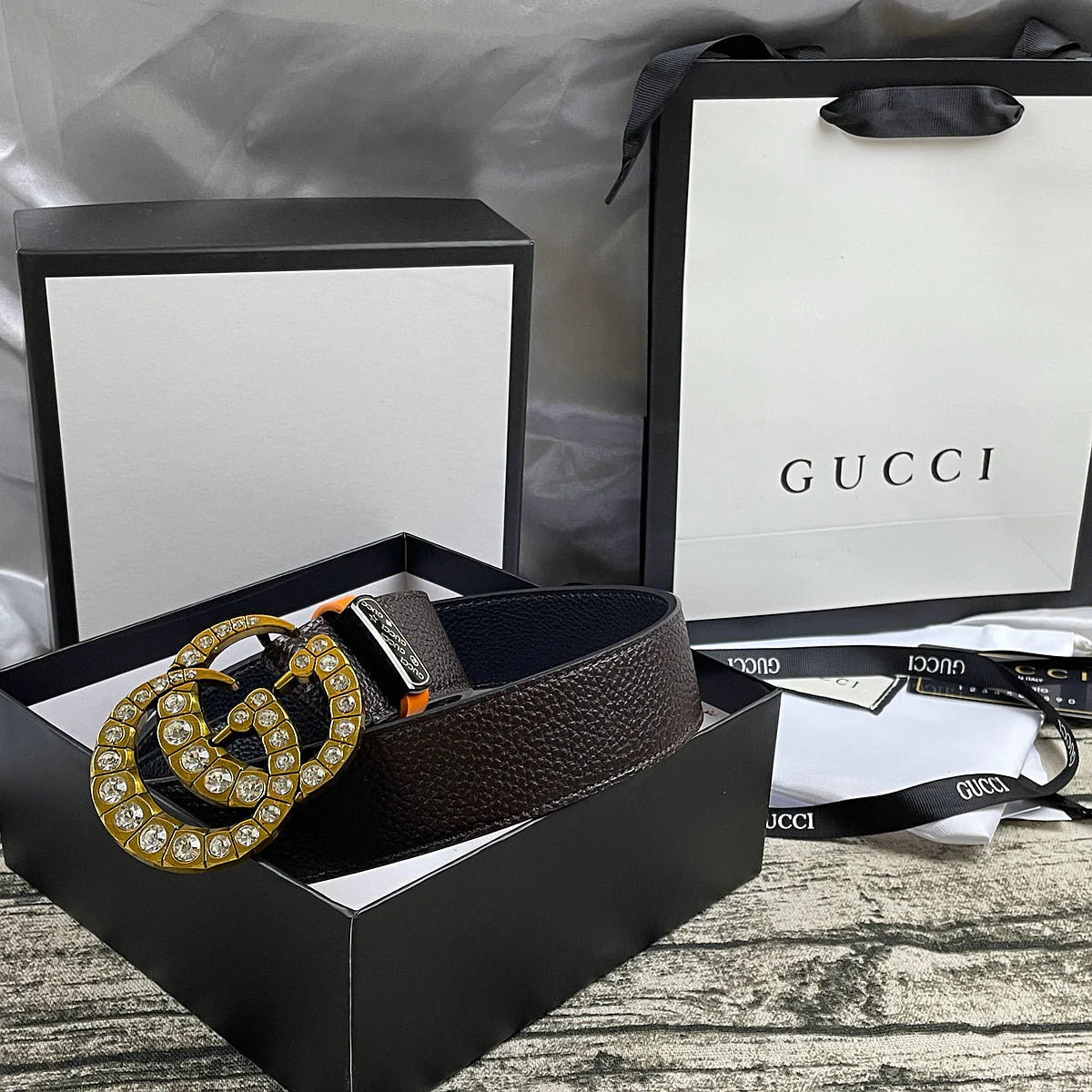 2025 4 Colors double-G rhinestone double-sided lychee pattern belt