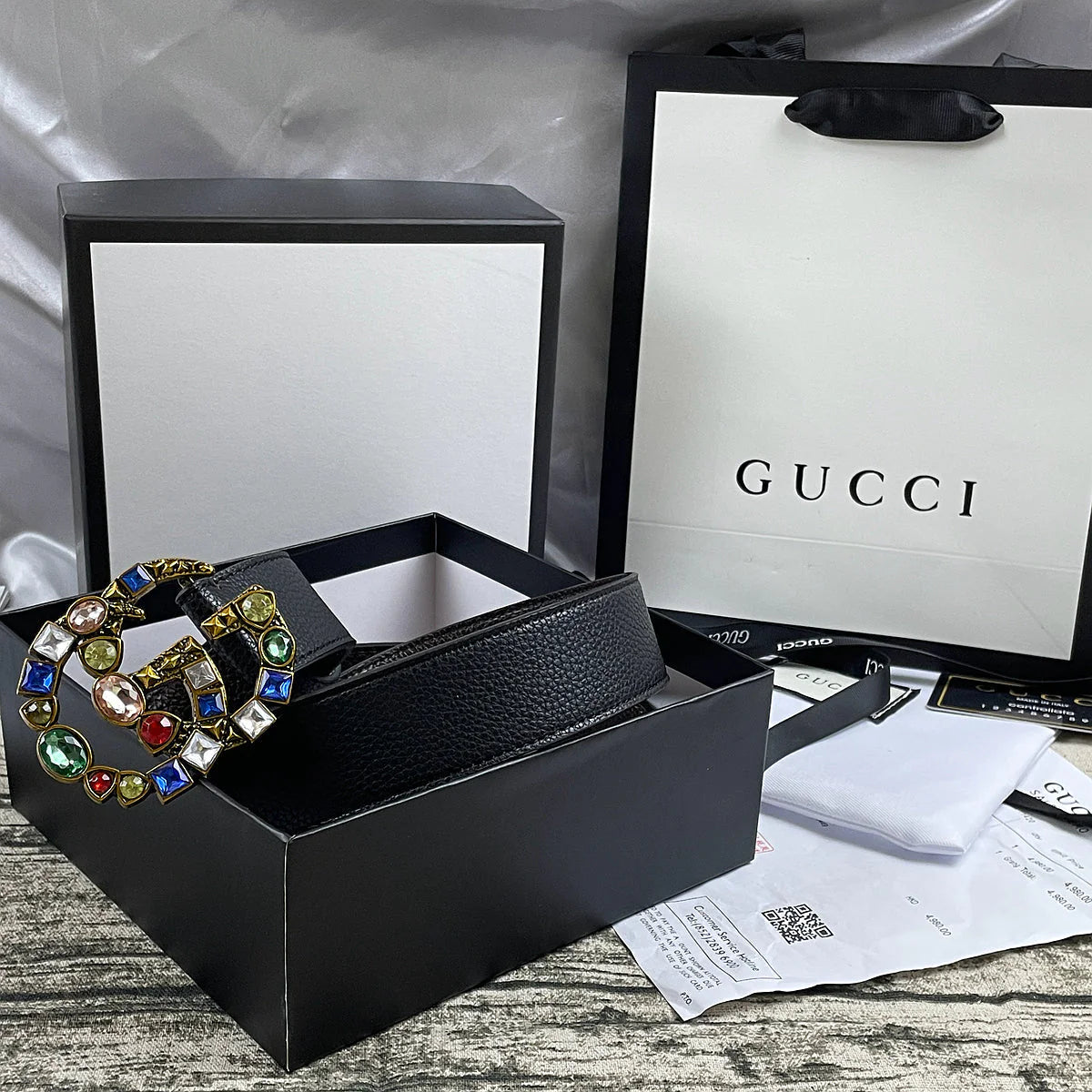 2025 4 Colors double G seven-color rhinestone double-sided lychee pattern belt