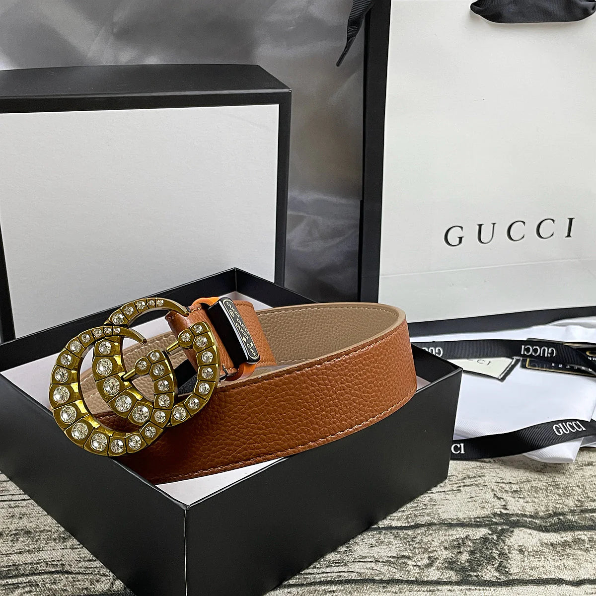 2025 4 Colors double-G rhinestone double-sided lychee pattern belt