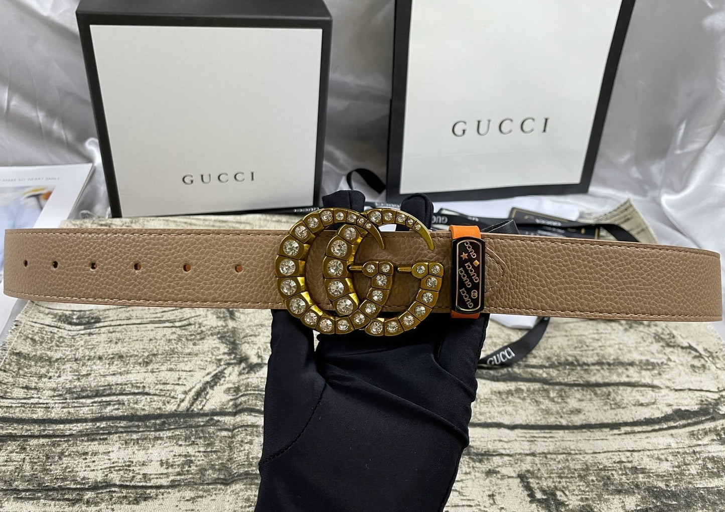 2025 4 Colors double-G rhinestone double-sided lychee pattern belt