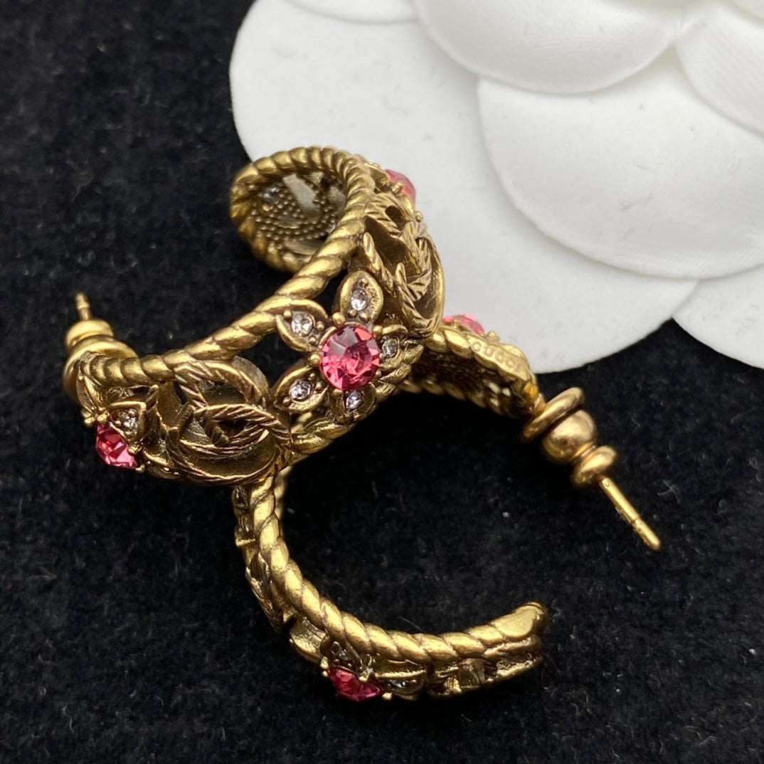 2025  Fashion double flower rhinestone earrings