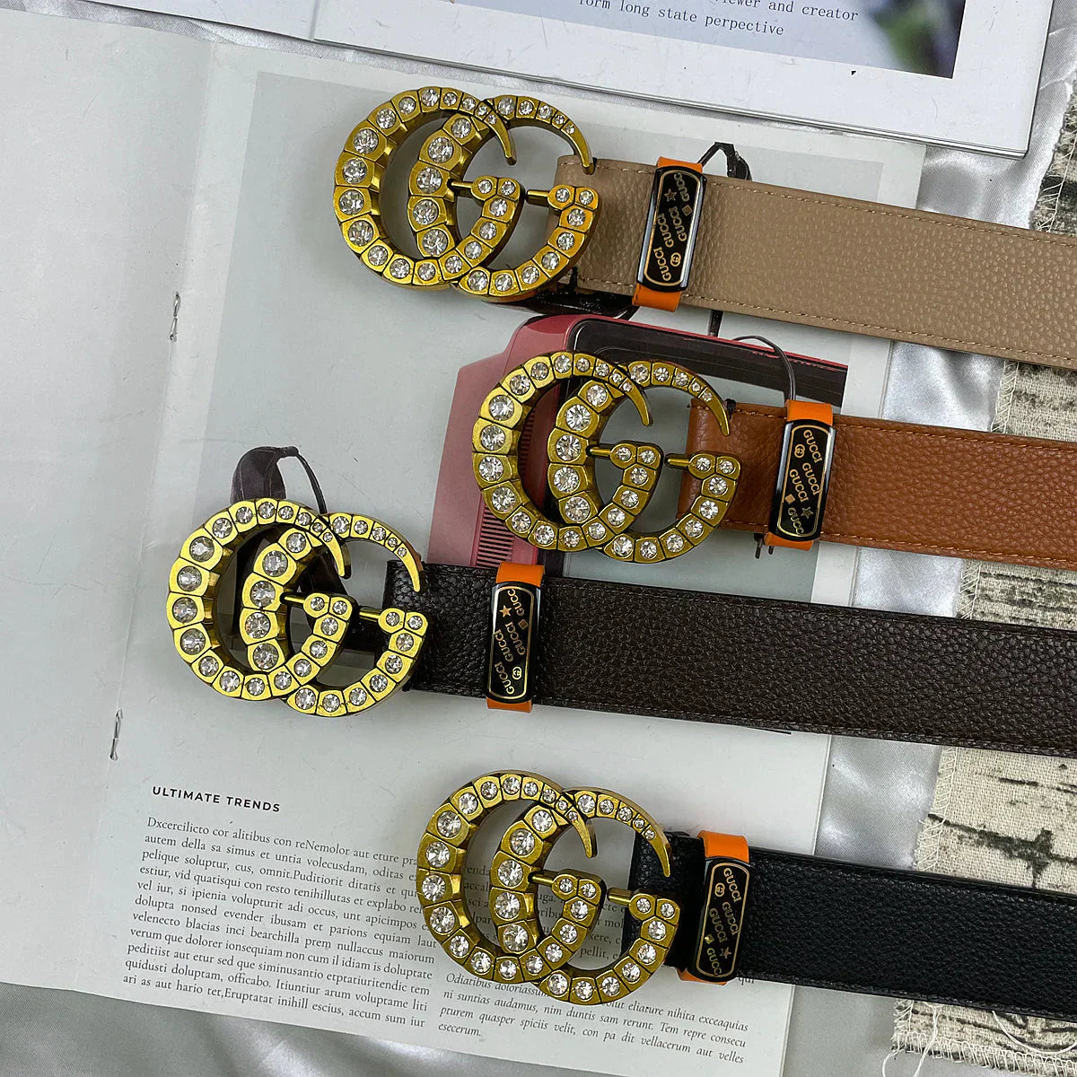 2025 belt 4 Colors  double-G rhinestone double-sided lychee pattern belt