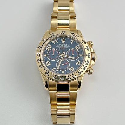 2025 Watch Daytona 116508 Yellow Gold Blue Racing Arabic Dial