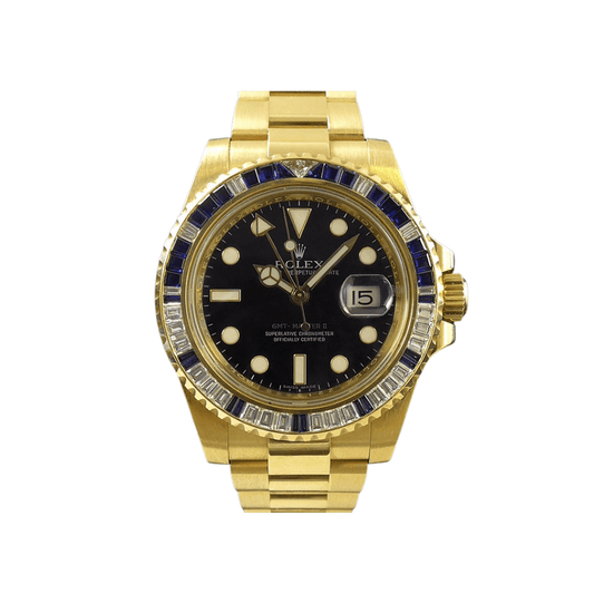 2025 Watch GMT-Master II 116748SA Yellow Gold Sapphire and Diamond Bezel Black Dial